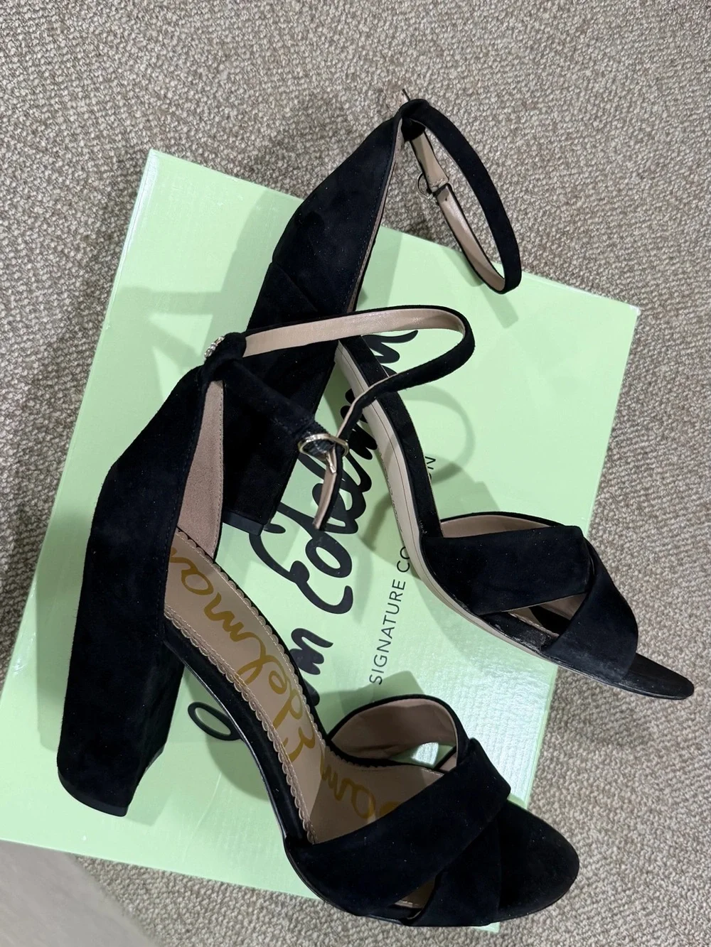 Sam Edelman Black Suede Block Heel Sandals with Ankle Strap